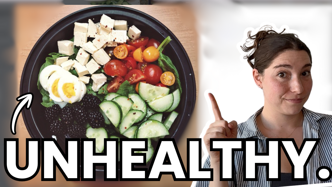 Leah pointing at a bowl of food that may look healthy, talking about orthorexia and when healthy eating becomes dangerous