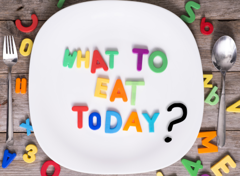 alphabets on a plate arranged as What to eat today
